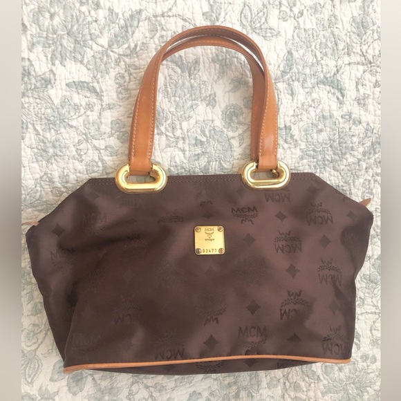 MCM Brown Visetos Nylon Handbag with Tan Leather Handles and Trim